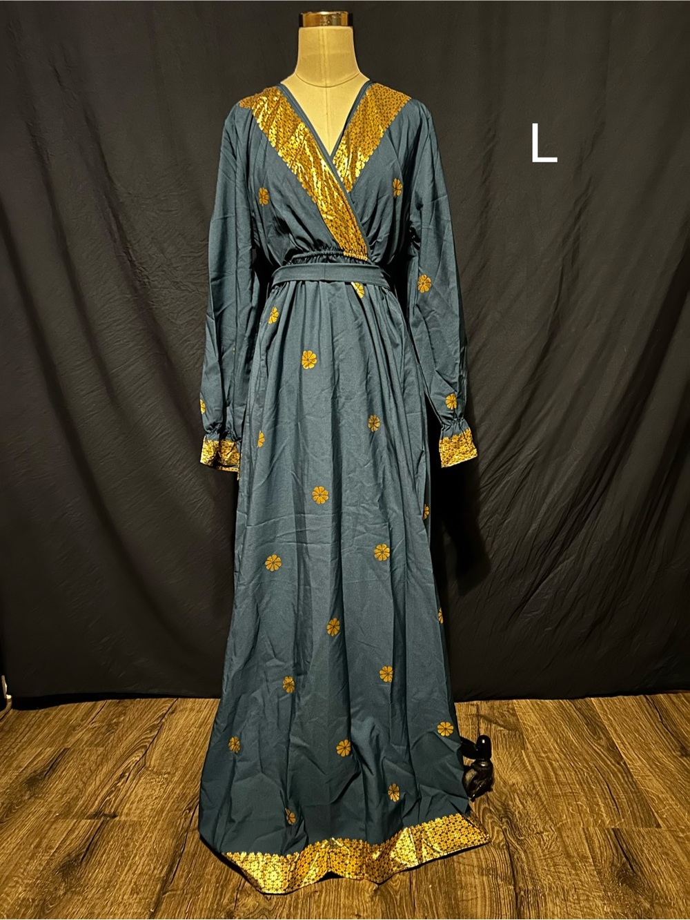 SHEIN Teal Maxi Wrap Dress with Gold Embroidery